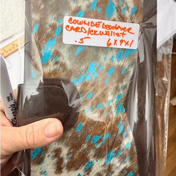 Cowhide Leather Checkbook/long wallet Turq/metallic hair on hide western boho - Picture 7 of 7